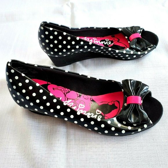 Disney Minnie Mouse Girls US 13 Polka Dot Peep Toe Bow Dress Shoes Wedge Heels - Picture 1 of 9